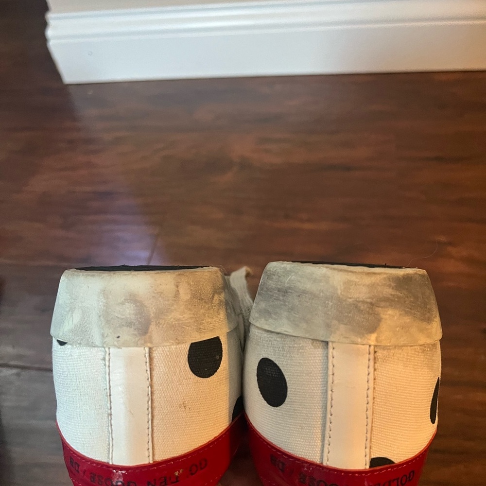 Golden Goose White Polka Dot Sneakers with Black Star and Red Heel - Picture 9 of 16